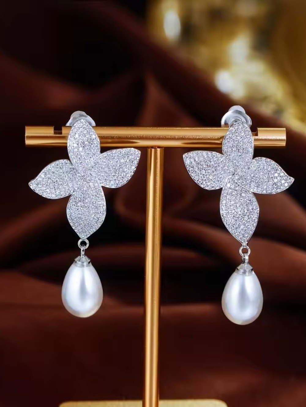 Silver Pavé Flower Clip-On Earrings with White Pearl Drops - Picture 7 of 8